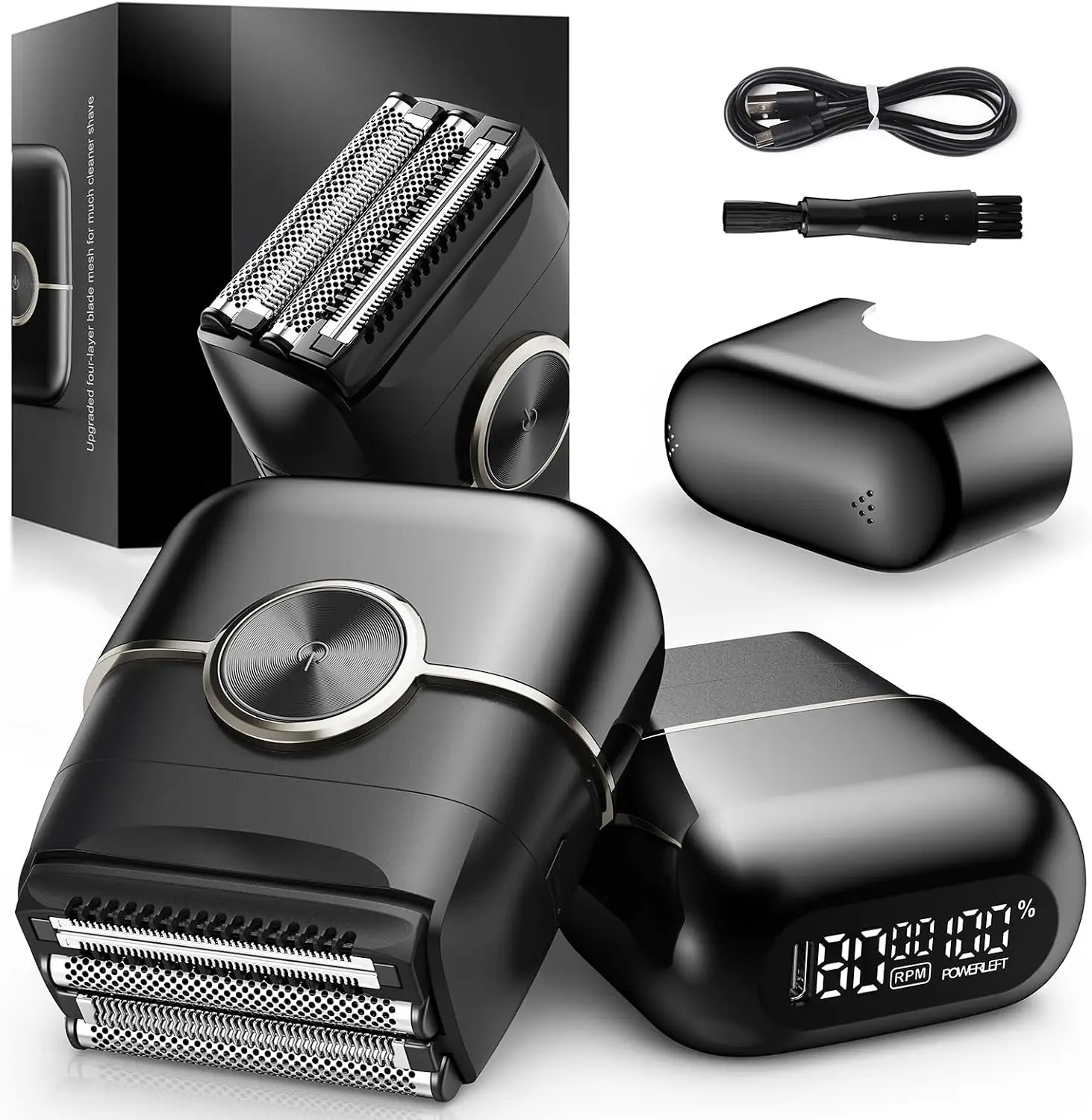 OUFELIME Mini Electric Foil Shavers Razors for Men,4 Floating Blades & Dual Speed,Wet or Dry,LED Display,USB-C Charge Travel Loc