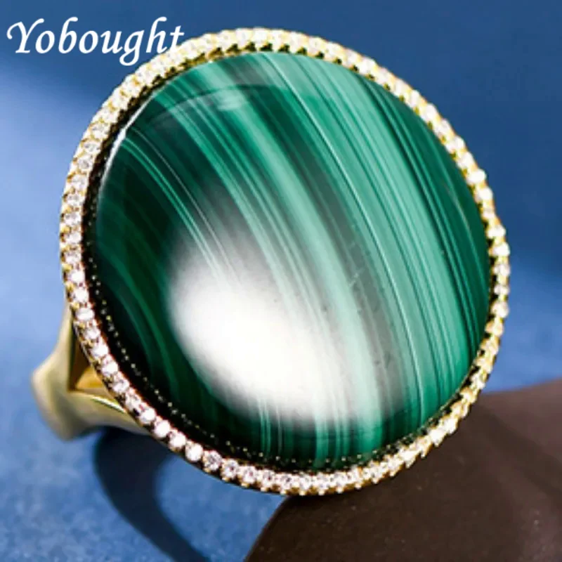 

Vintage Temperament S925 Silver Gilt Inlaid Malachite Round Large Female Personality Exaggerated Zircon Ring