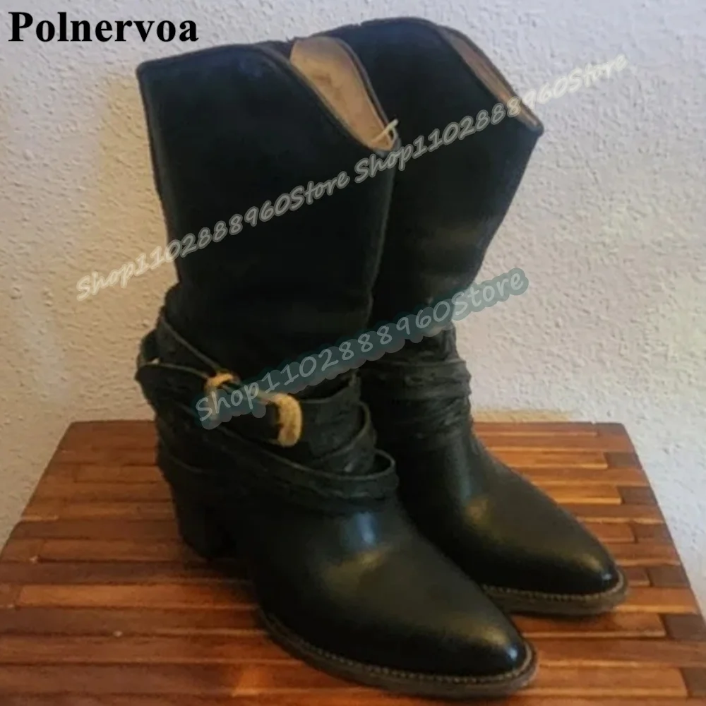 

Plus Size Black Leather Buckle Strap Knight Boots Thick Heel Shoes For Women Back Zipper Pointed Toe Stylish Zapatos Para Mujer