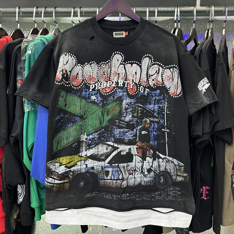 

Daily Men Women Casual Rough Play Short Sleeve T Shirts Washed Do Old Retro ROUGHPLAY Tee Heavy Hot Drill All-match Clothes