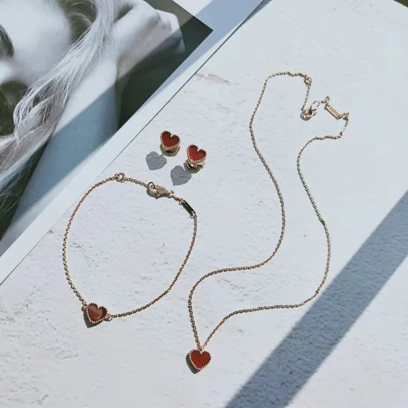 

New Luxury 18K Gold Plated Natural Red Agate Heart Design Earrings, Bracelet, Necklace, Minimalist Party Gift, Suitable for