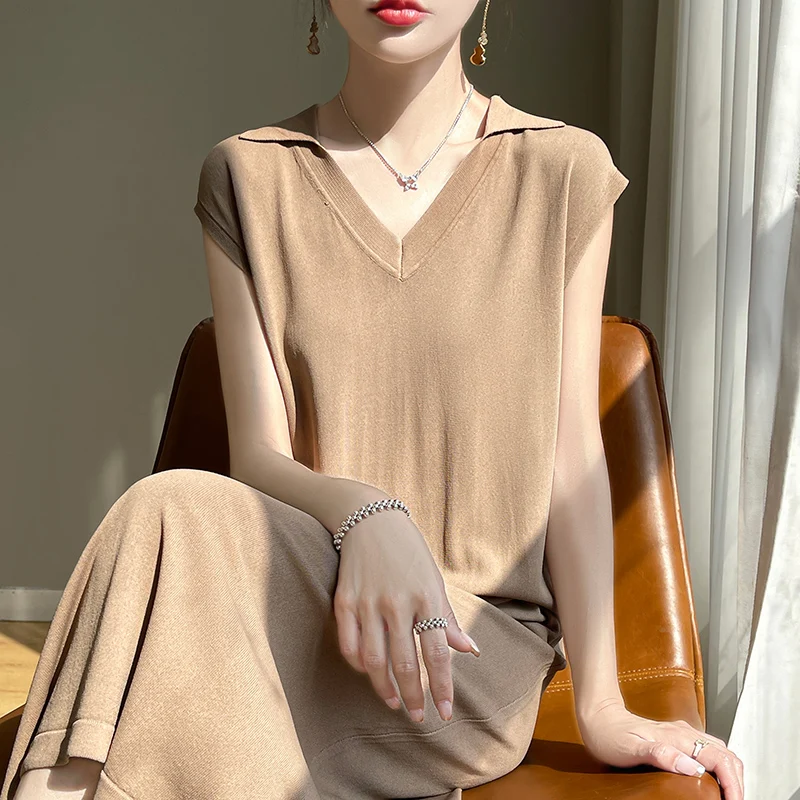 Women's Summer Customized French Style Fashionable Loose V-Neck Pullover Solid Color Ice Silk Lapel Half Sleeve Long Dress