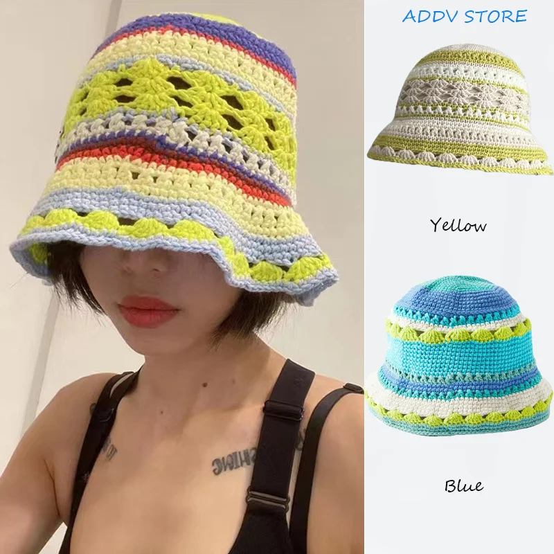 

Women's Hand-woven Openwork Knit Hat for Summer Literary Color Striped Breathable Sunscreen Bucket Hat