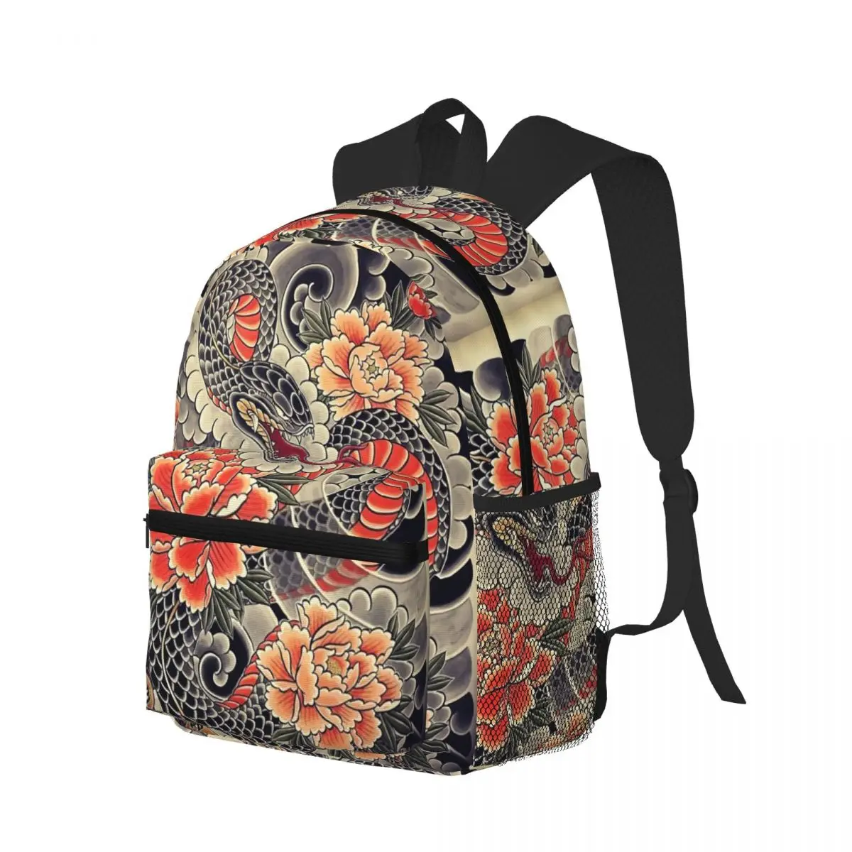 Japanese Art Tattoo Snake Peonies Flower Ink Student Backpack School Bag Hiking Travel Daypack Boys Girls Bookbag Shoulder Bags
