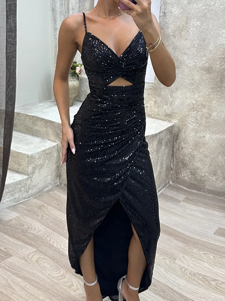 Hollow Out Slim Fashion Maxi Dress Women Summer Loungewear Sleeveless Solid Party Dress 2023 Deep V-Neck Elegant Ladies Dress