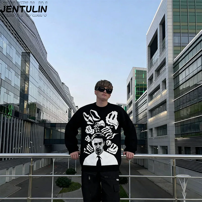 Y2k Harajuku Aesthetics Vintage Loose Punk Streetwear Knitted Unisex Rock Goth Graphic Print Sweater Knit Pullover Hip Hop Top