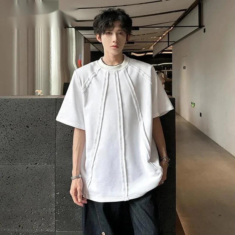 Pit Strip Men's Solid Color Tees O-neck Korean Style Short Sleeve Casual Shoulder Pads Loose Pullover Male T-shirts 9WLXIN