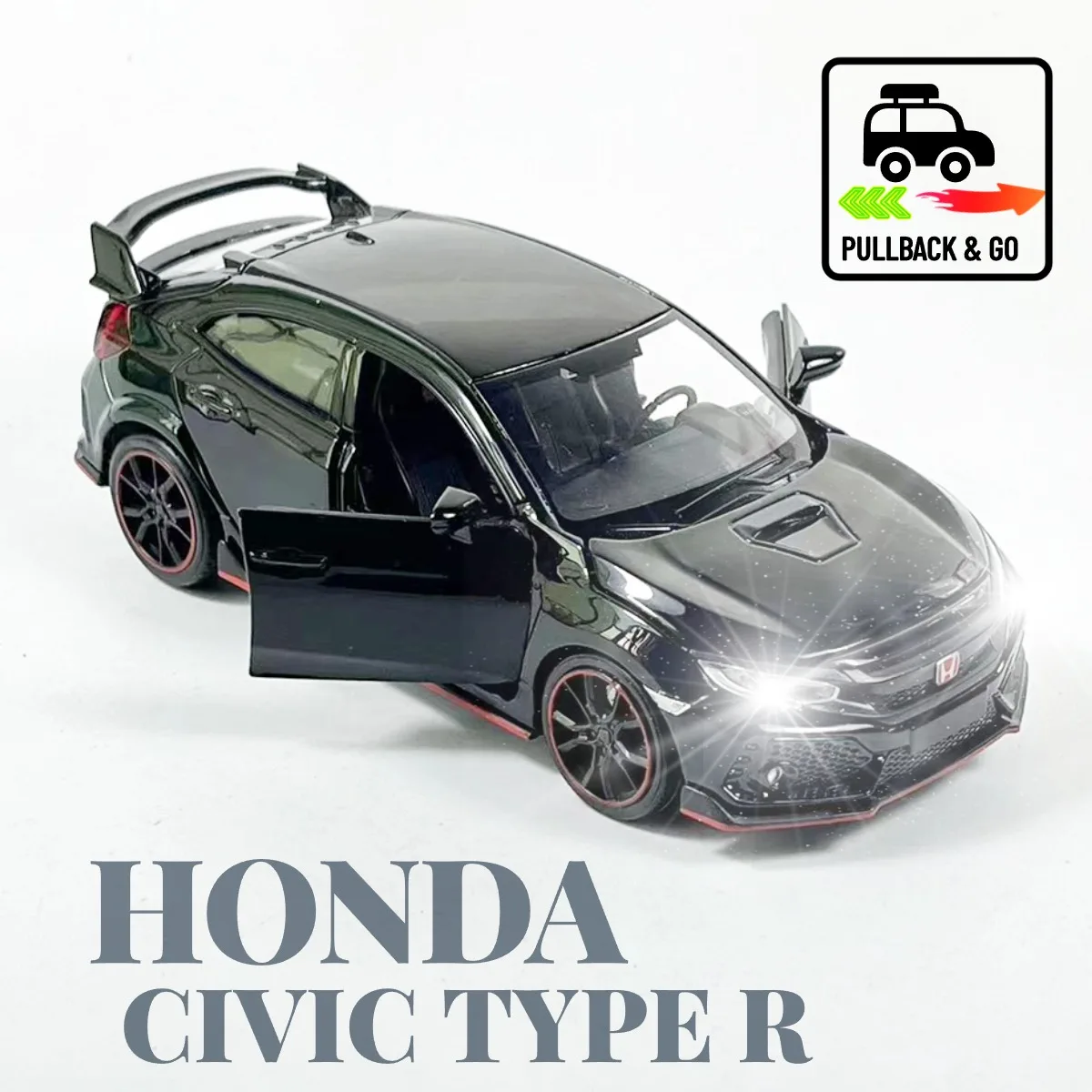 

1:32 Honda Civic Type R Pullback Car with Lights Engine Sound, Diecast Car Model Scale Replica Classic Gift Kid Boy Toy