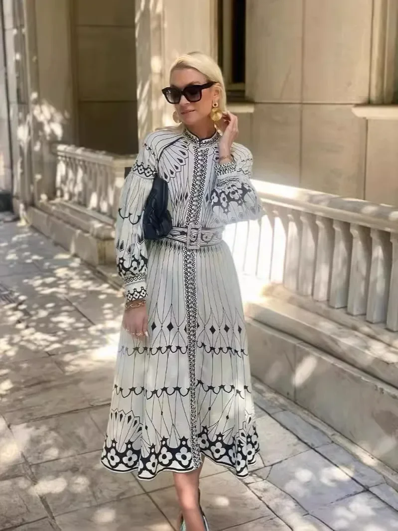 Letnia sukienka midi z długim rękawem dla kobiet z dużym obszyciem i nadrukiem w stylu vintage Elegancka długa sukienka damska Robe Party Vacation Beach Casual