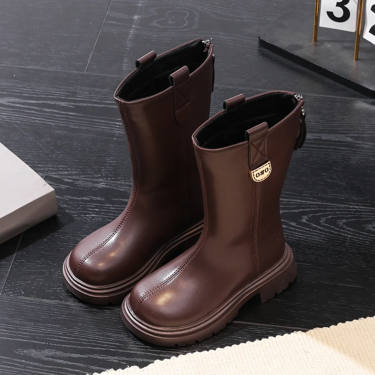 Little Girls Knee High Boots, Smooth Faux Leather, Side Zipper, Metal Badge Decor, Chunky Non Slip Sole for Party & Daily Wear