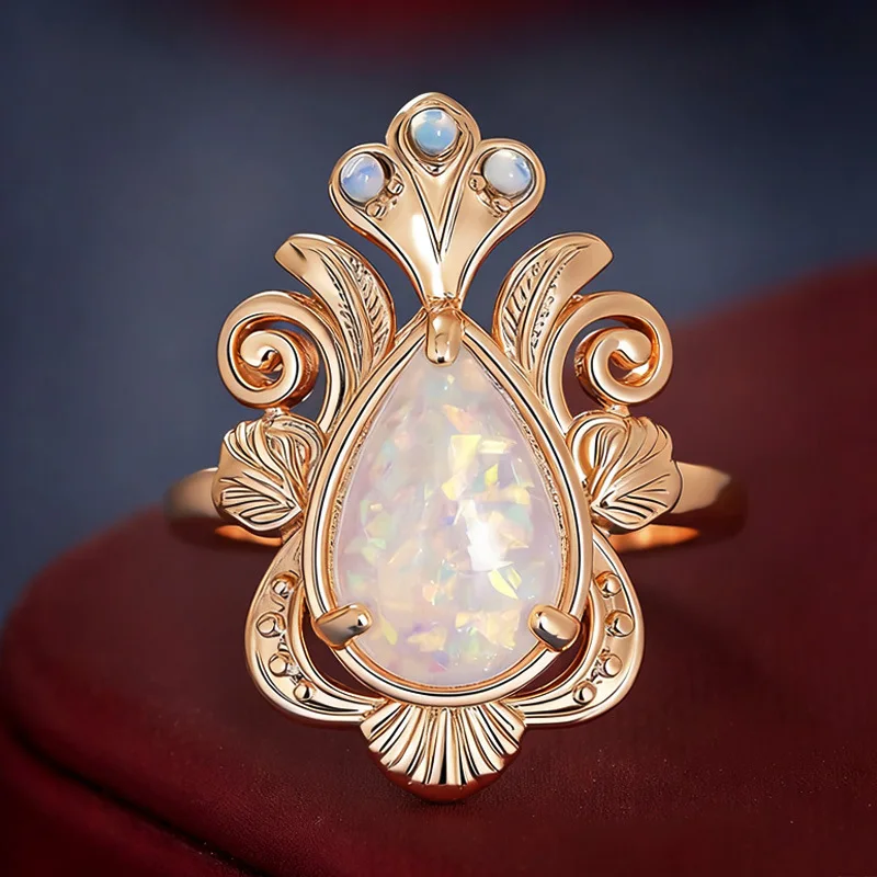 European and American Three Claw Micro Inlaid Australian Treasure Waterdrop Ring Women's Leaf French Accessories Jewelry