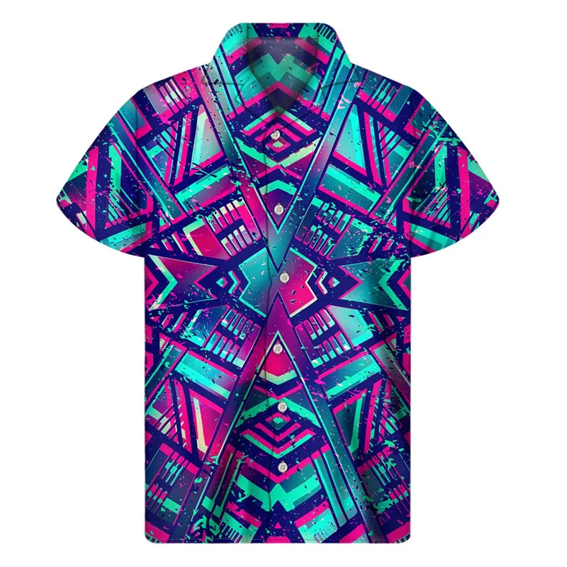 Retro Mexico Aztec 3D Print Hawaiian Shirts Men Colorful Ethnic Totem Graphic Lapel Button Shirt Street Short Sleeves Blouse