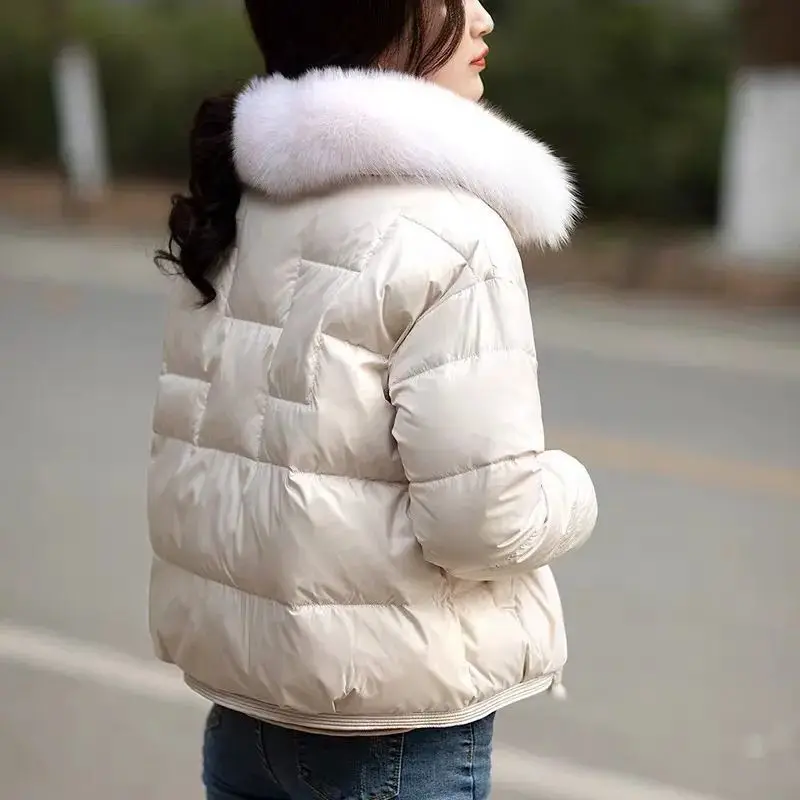 2023 New Winter Fox Fur Large Collar Down Coat Women\'s Short Fashion Thickened White Duck Down Coat Winter Jackets