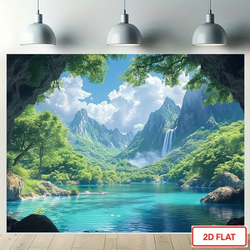 Lush Valley Lagoon Tapestry: Turquoise Water & Mountain Scene Pattern Serene Boho Wall Decor for Living Room Bedroom