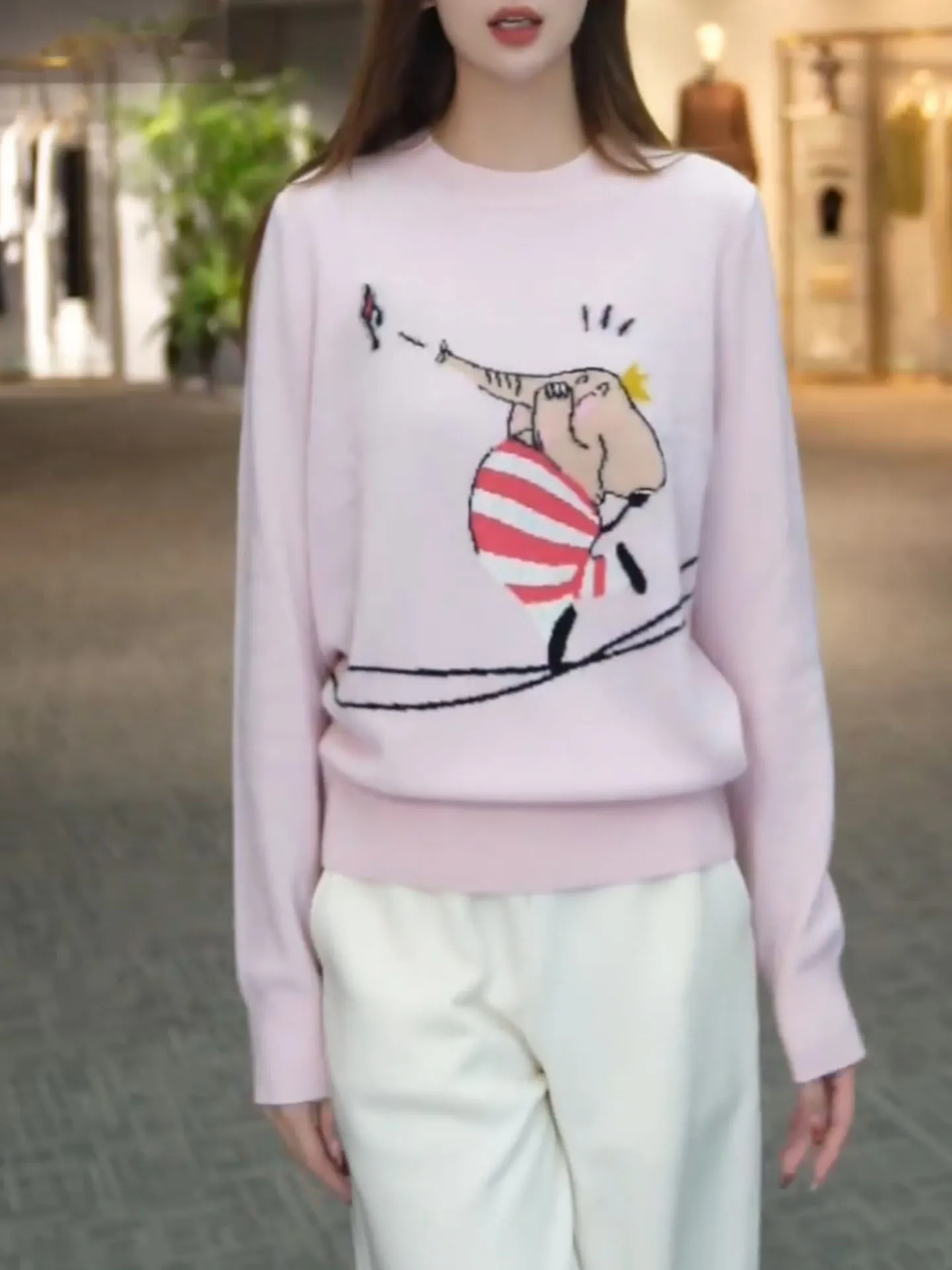 

Женский вязаный свитер с круглым вырезом и длинными рукавами, с мультяшным животным принтом, розовый, осенне-зимний, новинка, премиум-качество, повседневная одежда