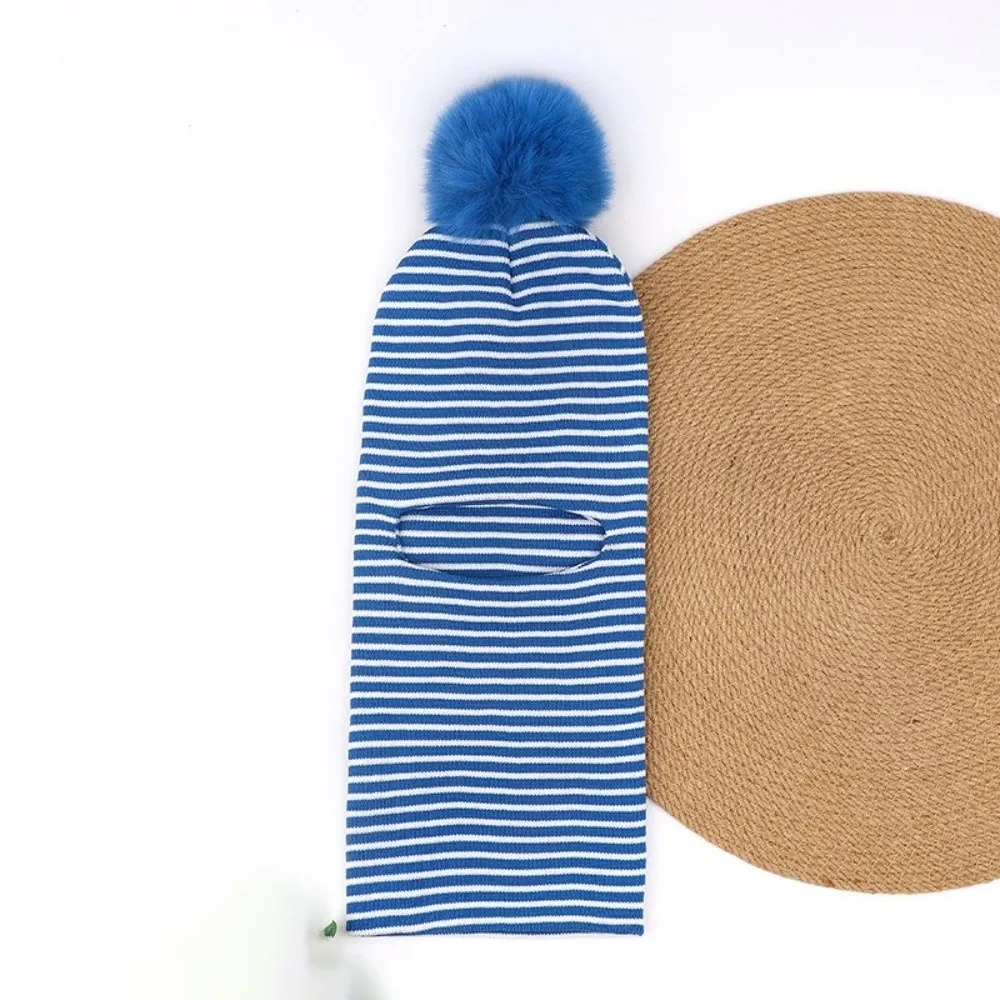 Striped Pattern Balaclava Hat One-Piece Construction Neck Protection Knitted Beanie Warm Fleece Lining Pom Pom Design