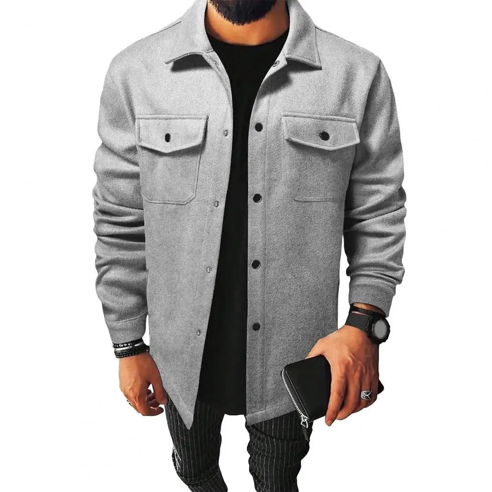 Men Button-down Shirt Jacket Long-sleeve Solid Color Jacket Stylish Men\'s Lapel Jacket with Flap Pockets Casual for Handsome