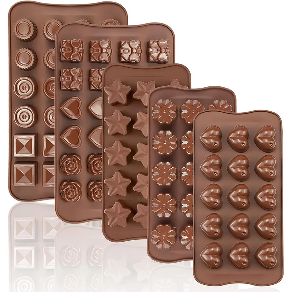 5PCS Silicone Chocolate Molds for Candy,Truffles, 9 Shapes 93 Cavities Soap Wax Melts Square,Round,Heart,Star,Flower Shapes Mold