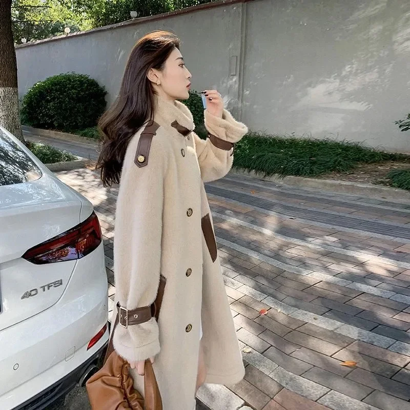 2023 Winter New Korean Version Mid length Loose Versatile Coat Imitation Mink Fur Double breasted Temperament Wool Coat Women V1