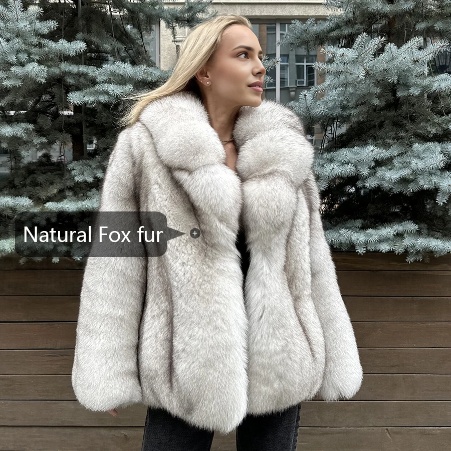 سترة من فرو الثعلب الطبيعي مع سترة من الفرو الحقيقي بياقة مقلوبة