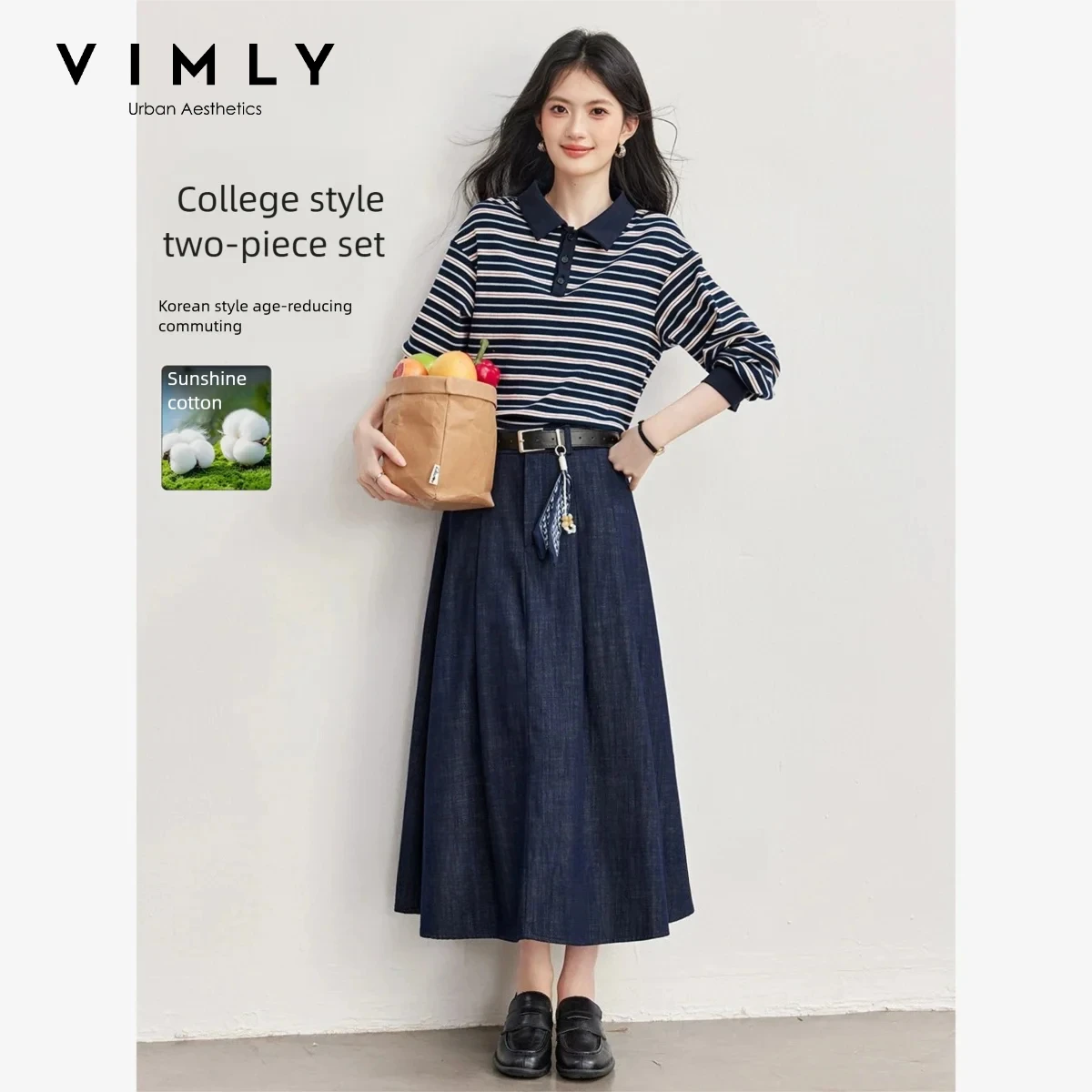 VIMLY Women's Casual Two-piece Set Navy Striped Long Sleeve Top Long Midi Skirt Fall 2026 Elegant Vintage Matching Outfit 31633