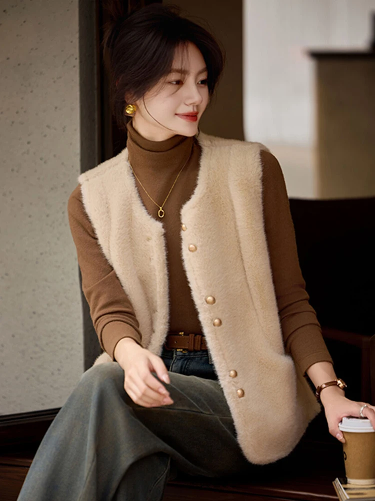 

Sli round Ne Faux Fur Vest Women's Light Maturi Sle Autumn Winter New Faion Outerwear Versatile Quali Match All