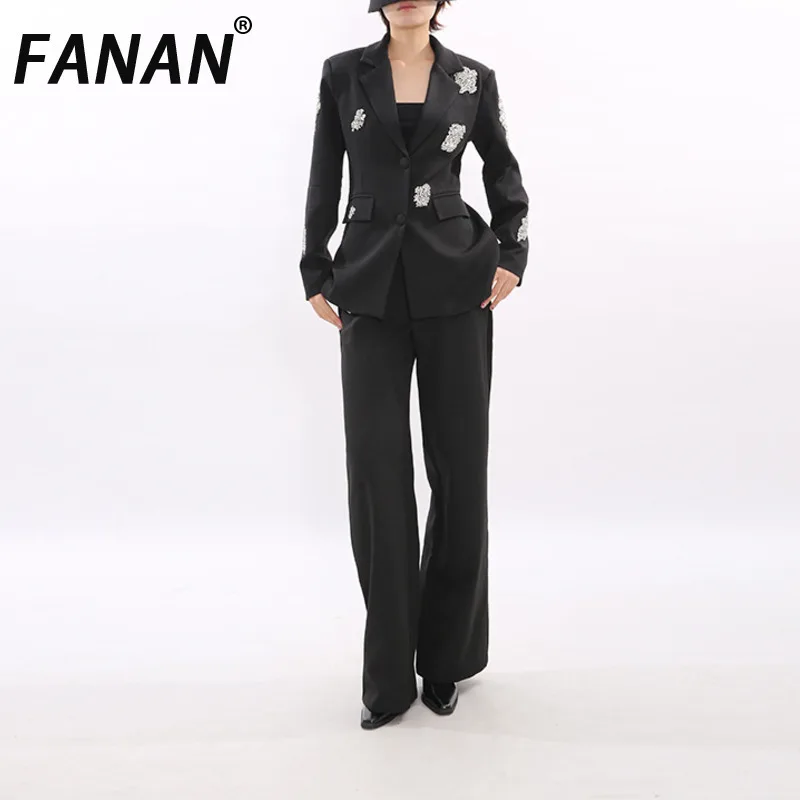 

Комплект FANAN: Жакет с длинным рукавом и инкрустацией стразами + брюки прямого кроя с высокой талией, весна 2026, новинка