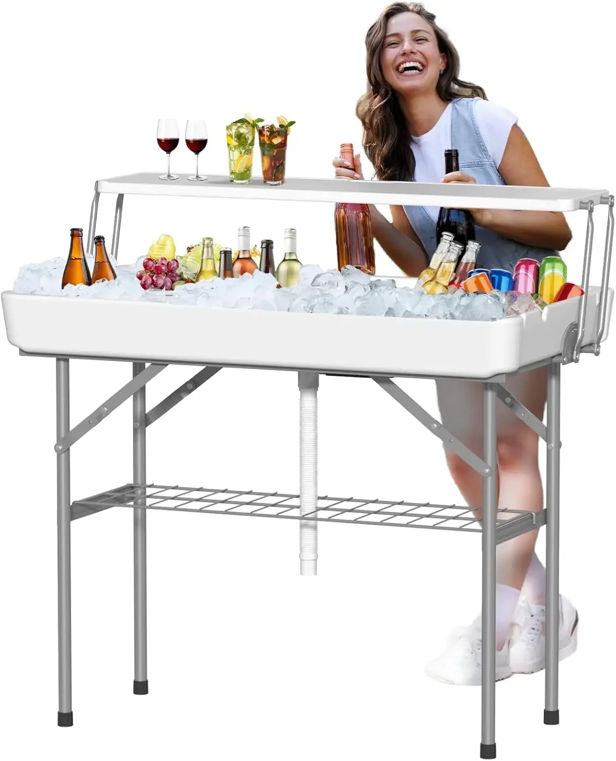 Ice Cooler Table with Drain, Two-Tier Plastic Folding Tables, with Removable Matching Skirt and Shelf, Indoor Outdoor Use for Pa