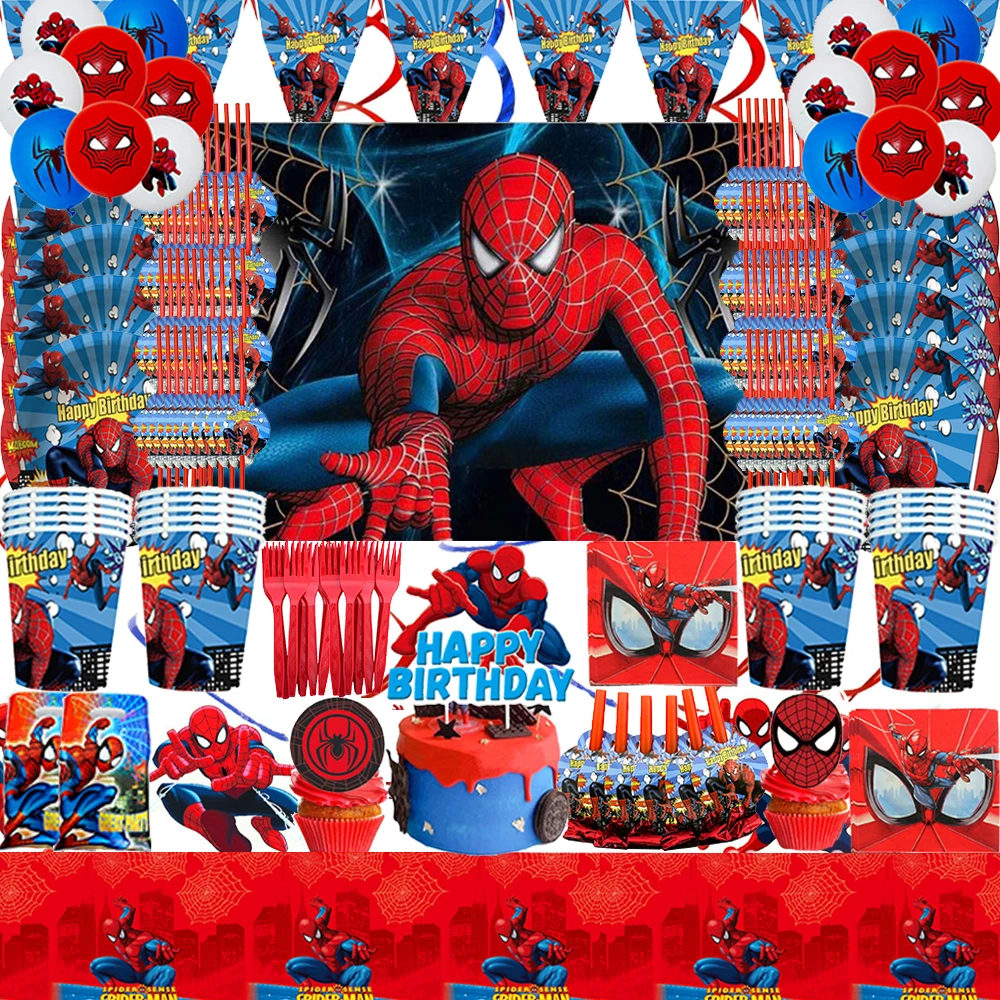 Spiderman Superhero Theme Birthday Party Set Decorations Paper Cup Plate Straw Napkin Flag Kids Boy Children Day Party Supplies