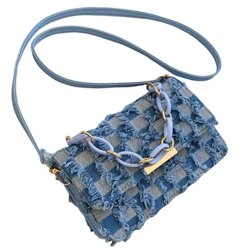 Elegant Denims Tassels Handbag with Chain Handle for Women Adjustable Strap Checkered Jeans Crossbody Shoulder Bag Purse