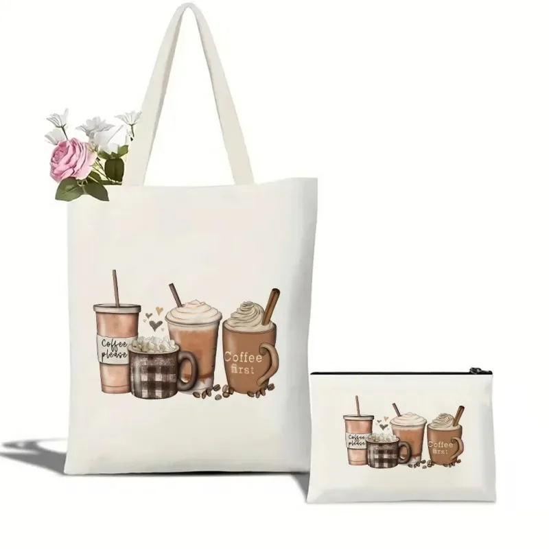 

Spring Wildflowers Coffee Cups Print Canvas Tote Bag Large Shopping Bags Makeup Bag Cosmetic Bag Shoulder Handbag Girl Handbags