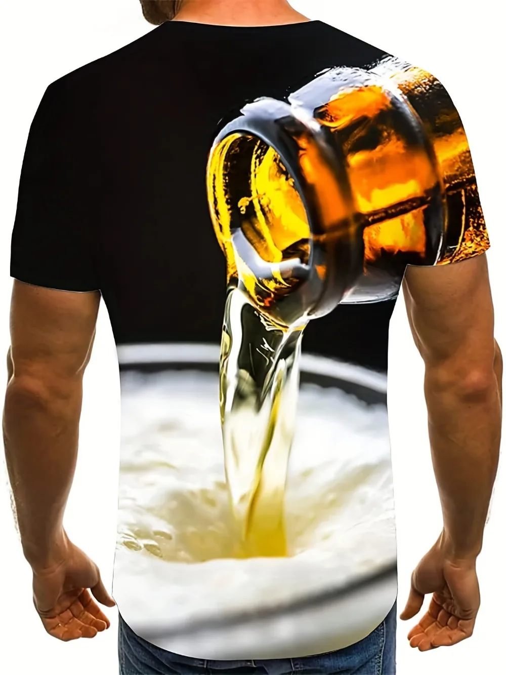 Pouring Beer 3D Print T‑Shirt For Men, Funny Beer Bottle Splash Graphic Tee Novelty Drink Pattern Short Sleeve Party Casual Tops