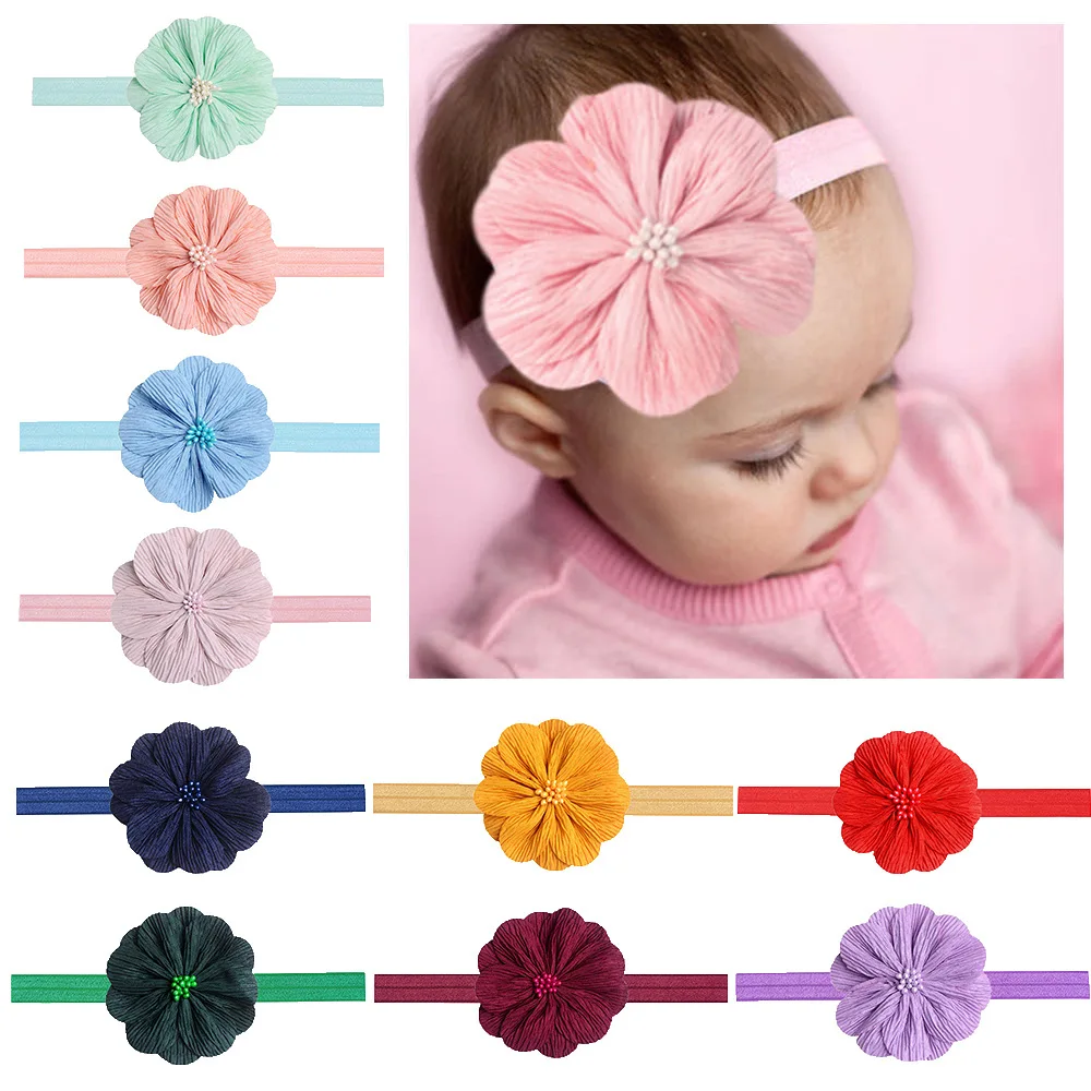 1pcs 0-2Y Baby Elastic Flower Headband for Girls Handmade Solid Color Hairband Pearl Double Layer Bloom Hair Accessories Gifts