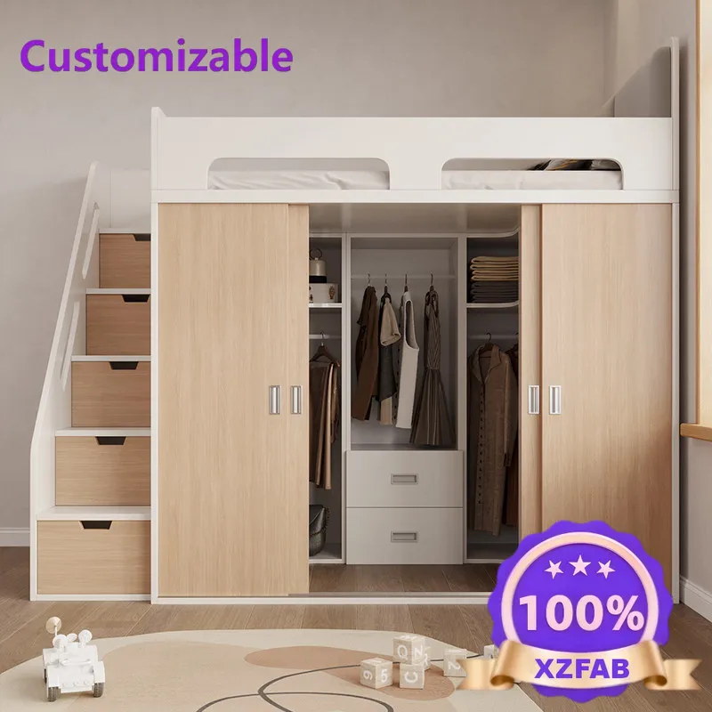 Factory Direct 2026 Custom Solid Wood Loft Bed with Wardrobe, Multi-Functional Kids Semi-High Bunk and Closet Combo for Small