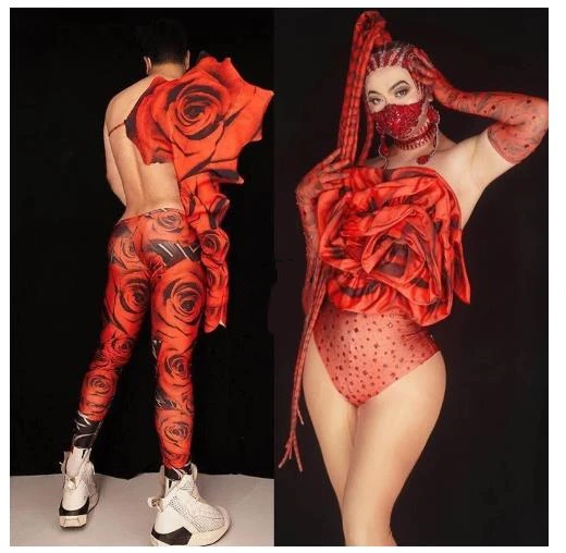 

Red Rose Flower Crystals Bodysuit Valentine's Day Party Show Men Women Group Dance Costume Nightclub Bar DJ Dancer Stage Wear