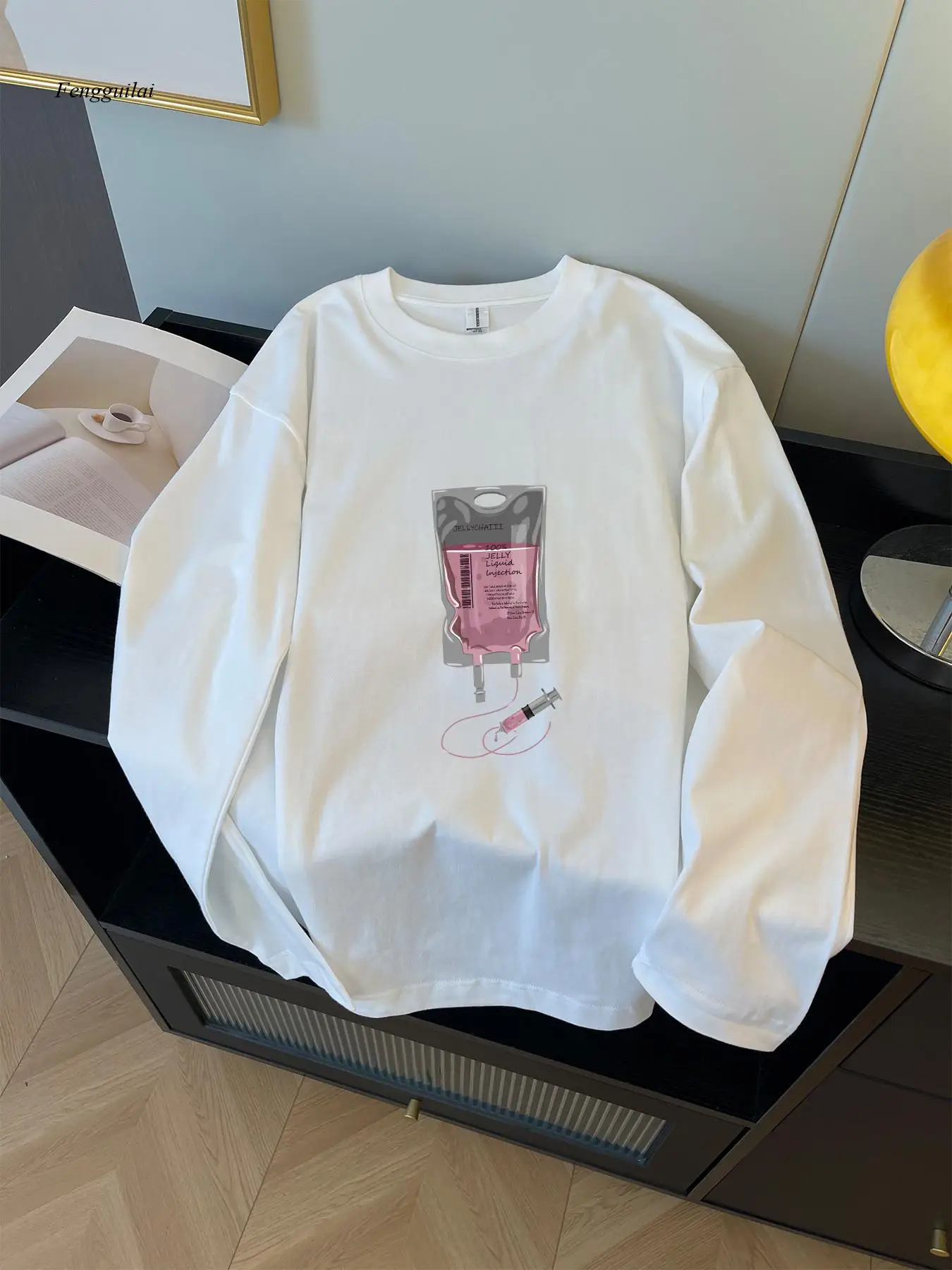 Long Sleeve T-Shirt with Novelty & Quirky Print - Casual Round Neck Winter Fall Top, Random Unique Patterns