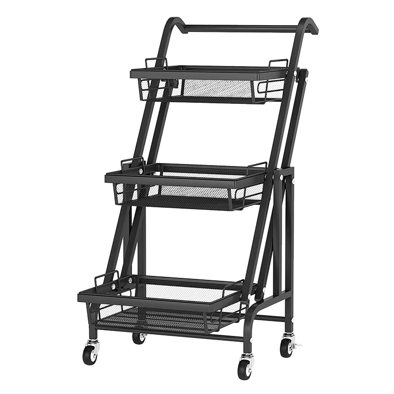 

[Flash Sale]3-Tier Folding Rolling Cart Metal Storage Shelf Rack Ideal for Kitchen/Bedroom/Living Room/Bathroom[US-Stock]