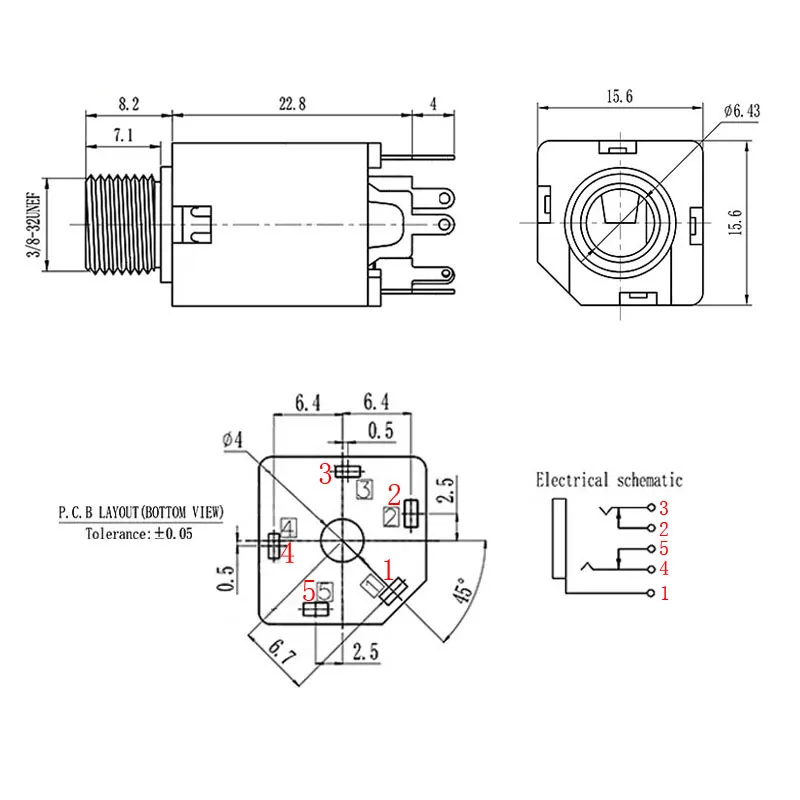 PJ-612A Audio Headphone Jack, microfone soquete fêmea, painel de montagem conector de solda com porca, 1, 4 Polegada, 5 pinos, 6,35 milímetros