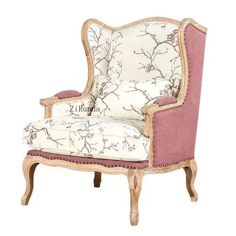 Living room retro wooden fabric pink sofa chair single seat sofa reclining accent chair
