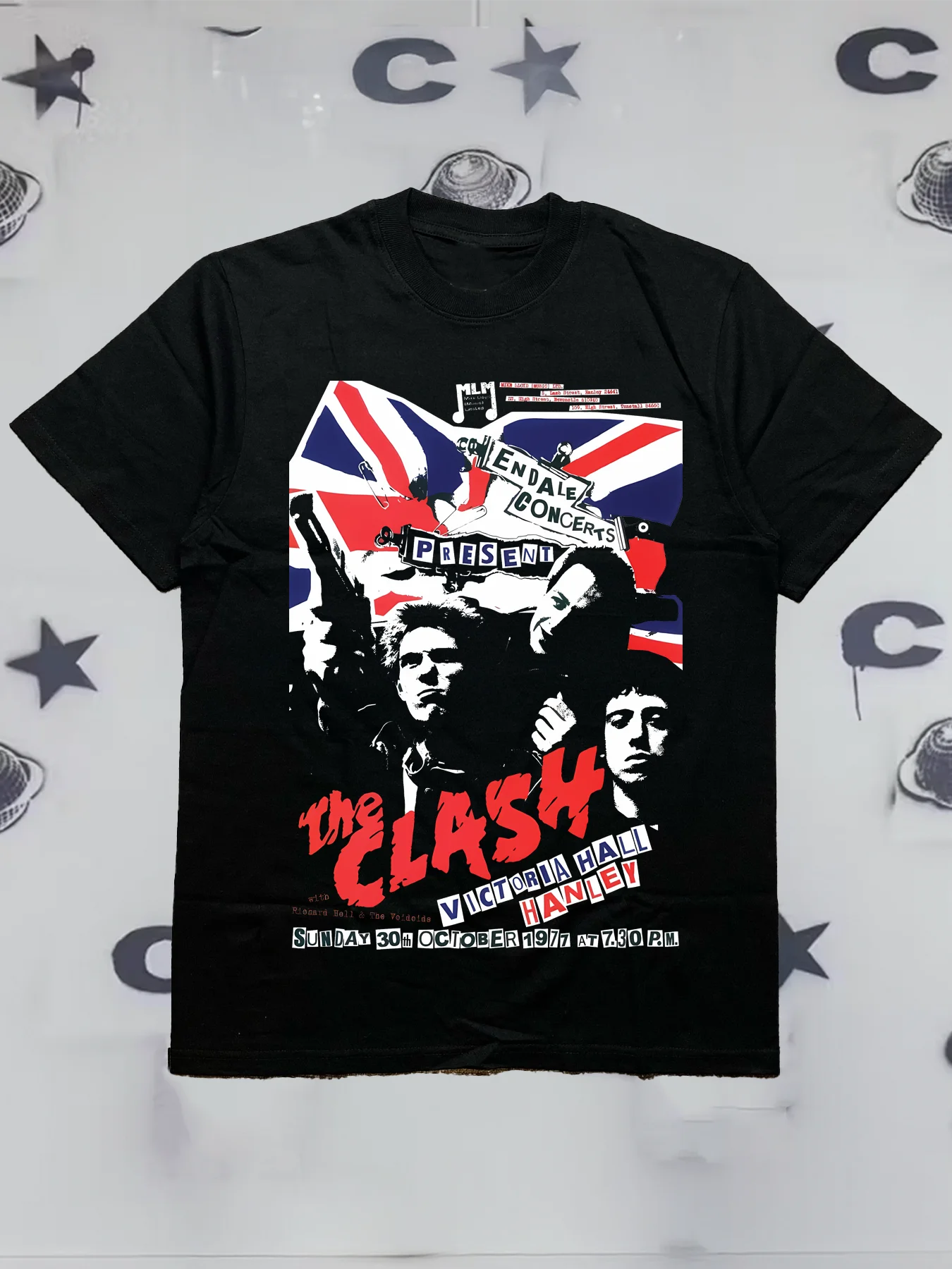 200g Cotton Men's Crew-Neck Short-Sleeve T-Shirt with The Clash Concert Theme Print
