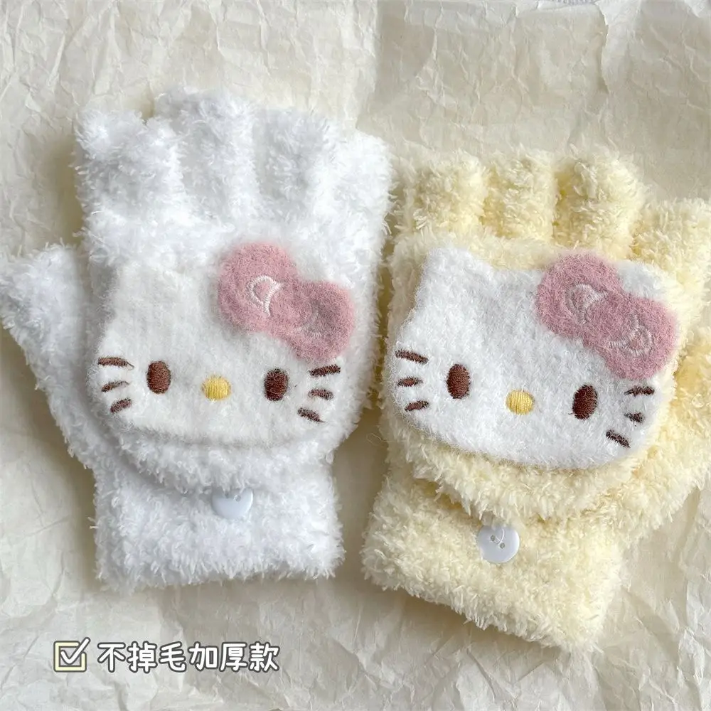 Miniso Hello Kitty Gloves Y2k Knitted Half Finger Flip Touchscreen Writing Gloves Student Coral Velvet Winter Embroidery Gloves