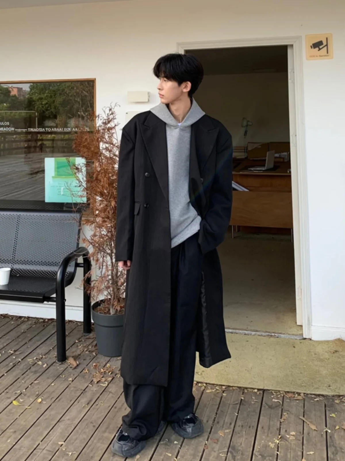 

Korean Sle Men's Woolen Coat Autumn Winter Trendy Brand Knee-Length Overcoat Double-Breasted Pure Color Loose Fit Faionable