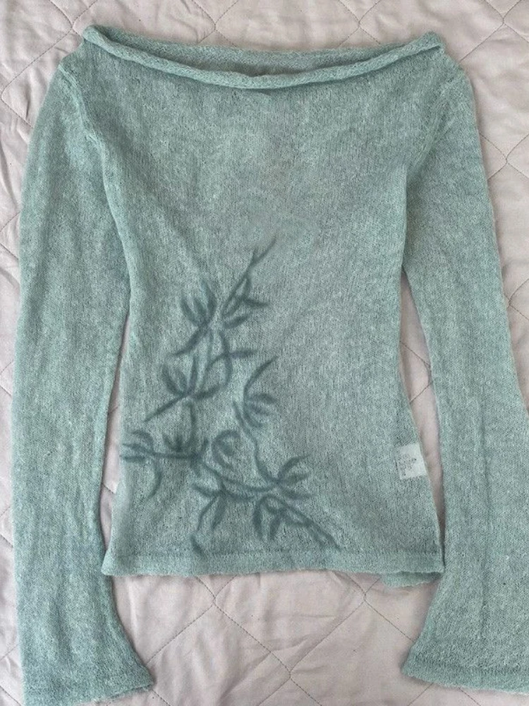 

Women Long Sleeve Vintage Print T-Shirts Autumn Slim Bottoming Grunge Knitted Tops All Match Casual Fashion Tees Y2k Aesthetic