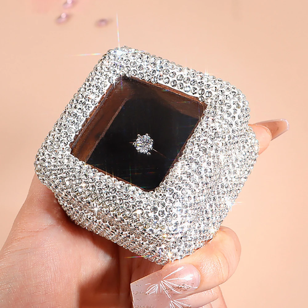 Sparkling Rhinestones Heart-shaped Engagement Ring Box Jewelry Organizer Open Window Ring Case Wedding Proposal Jewelry Gift Box