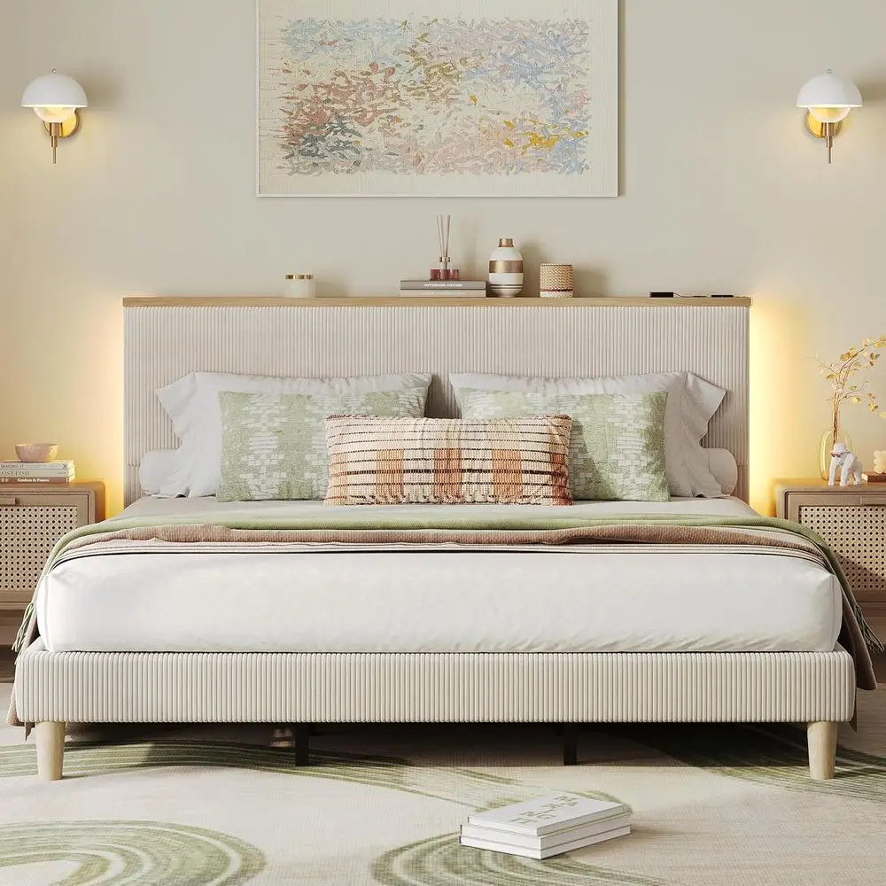 

Beige Corduroy Platform Bed with Adjustable Base, LED Lights, Storage, Solid Wood Slats, No Box Spring, Easy Assembly
