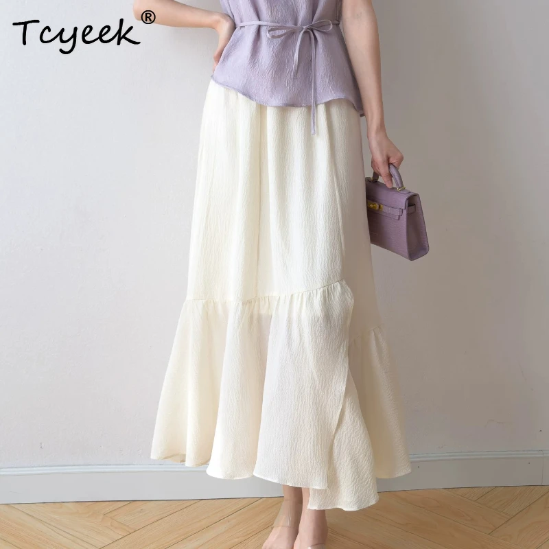 Tcyeek 100% Real Silk Long Skirts for Women 2026 Spring Summer Flowing Fish-tail Hemmed Skirt Women Clothing Faldones Para Mujer