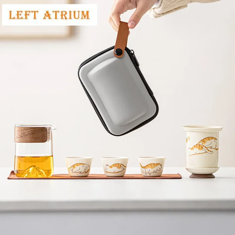 Big Orange Cat Glass Travel Tea Set Kit Antique Set Of Cups 1 Pot 3 Cups Tea Brewing Organizer Portable Camping Stock Bags Gift