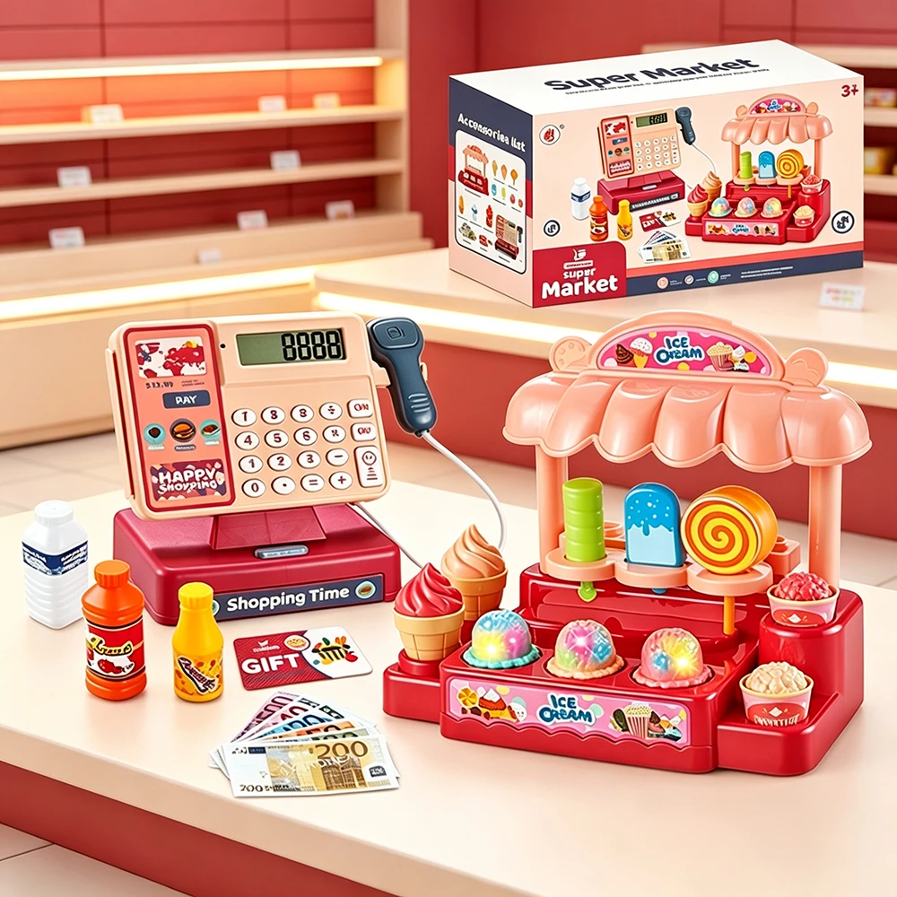 Kids Pretend Play Cash Register Toy Supermarket Shopping Playset with Scanner Calculator Food Basket Money Card Educational Toy
