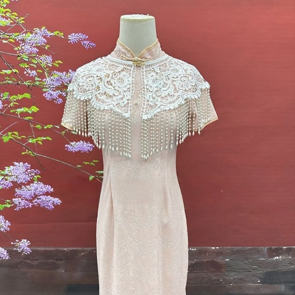 

Decorative Vintage Pearl Tassel Shawl Handmade Lace Trim False Collar with Pearl Tassel Cheongsam Shawl Spring