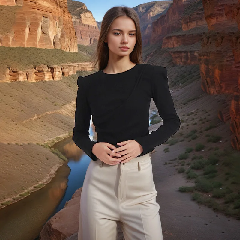 

2025 Autumn New Design Sense Commuter T- Slim Fit Long Sleeve Base Shirt Slimming Top for Women